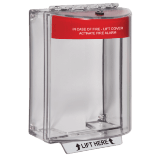 STI Universal Stopper, Dome Cover, Surface Mount, Label Hood without Sounder, Red, IN CASE OF FIRE - LIFT COVER / ACTIVATE FIRE ALARM