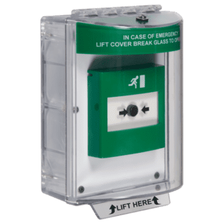 STI Universal Stopper ® Dome Cover, Green Housing and Sounder Colour, IN CASE OF EMERGENCY - LIFT COVER / BREAK GLASS TO OPEN DOOR